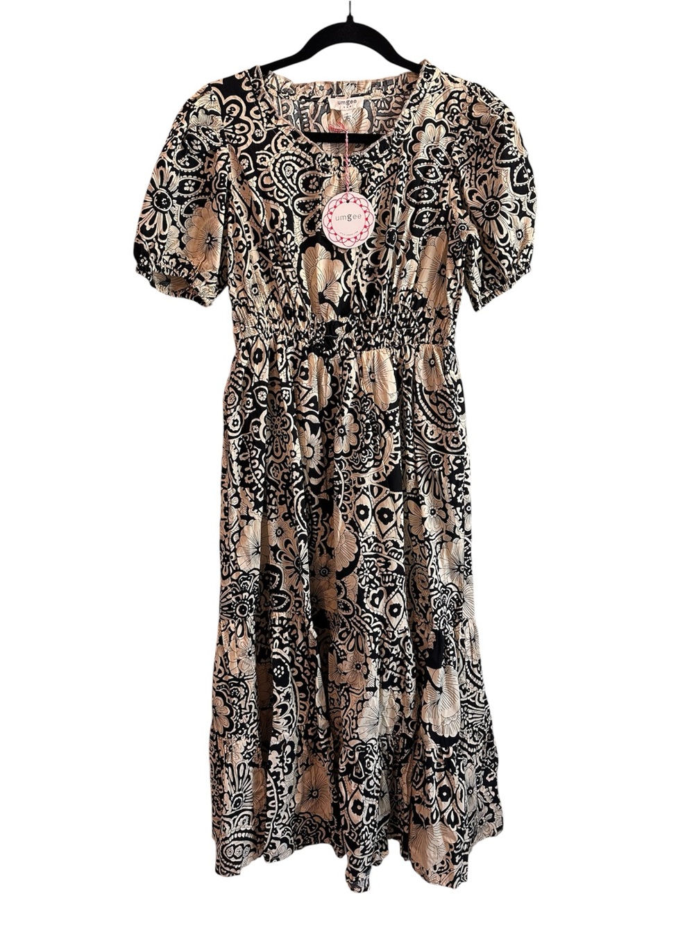 Umgee Black & Cream Floral Maxi Dress with Puff Sleeves